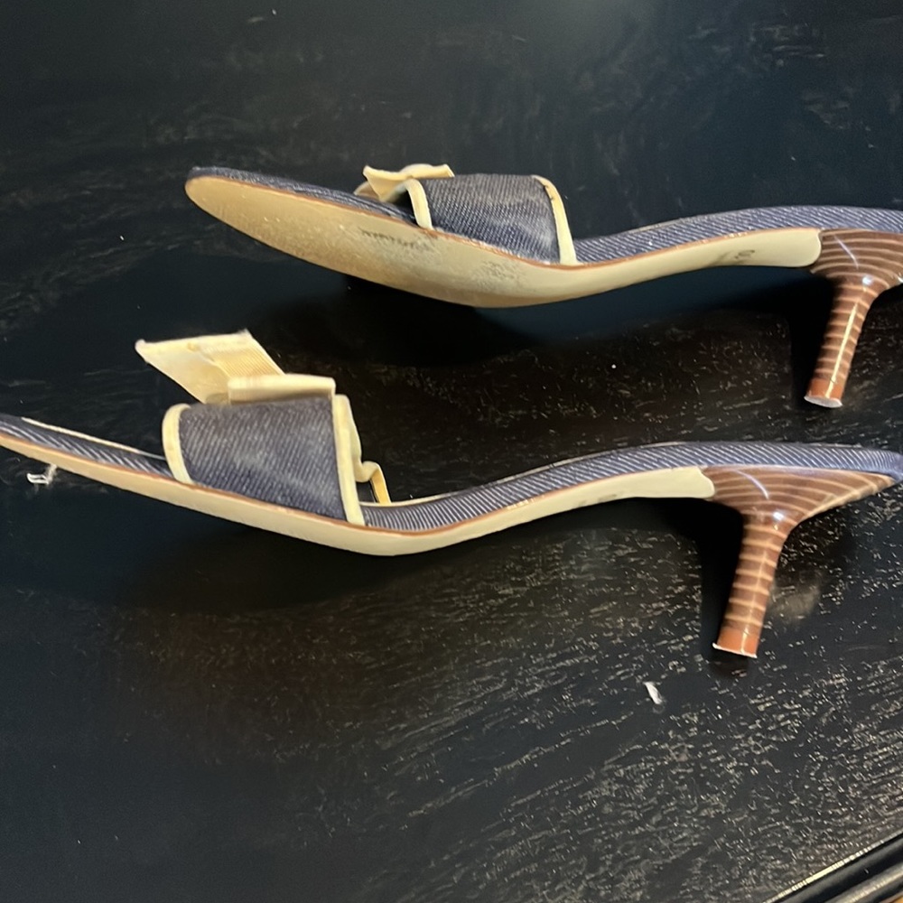 Denim with  cream bow slip on mules - Picture 3 of 9